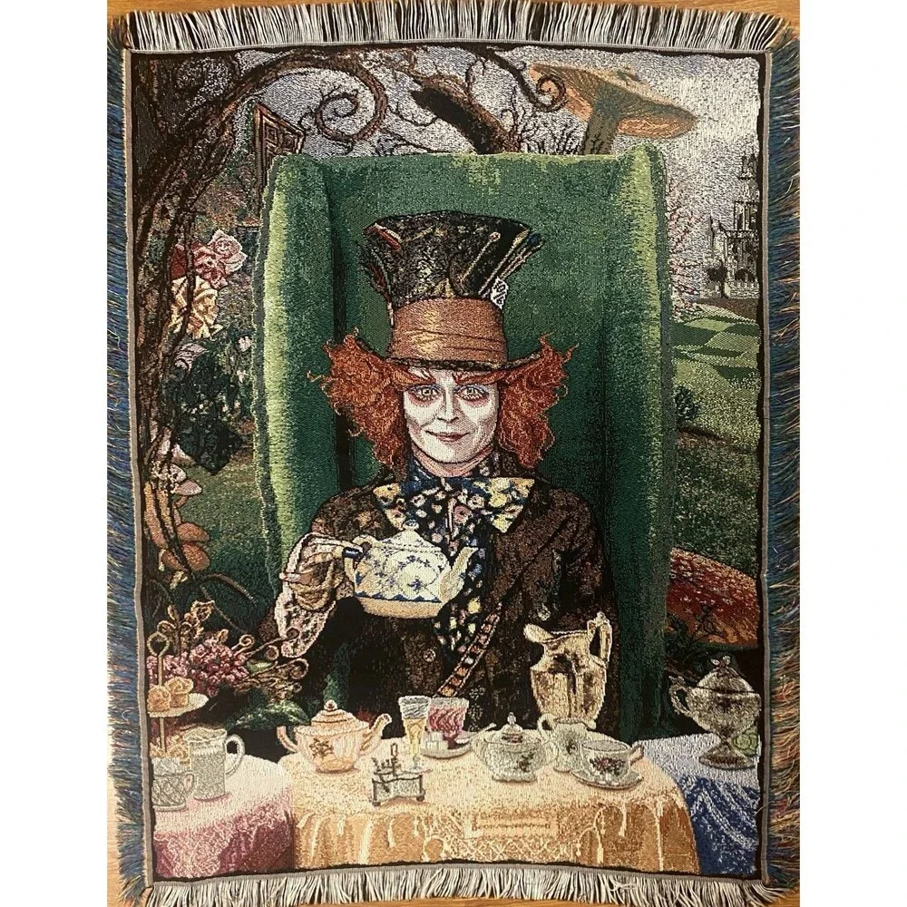 Mad Hatter Tea Party Woven Throw Tapestry Fringe Alicecore Wall Hanging 60